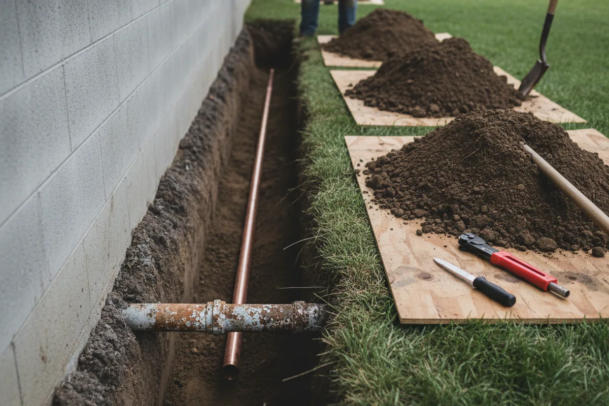 Excavated water line trench during Sewer Line Repair in Keaton